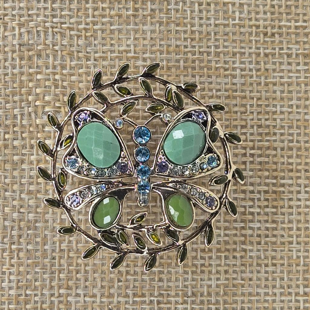 Vintage Monet Butterfly Circle Brooch Goldtone Blue Green Rhinestone Classic